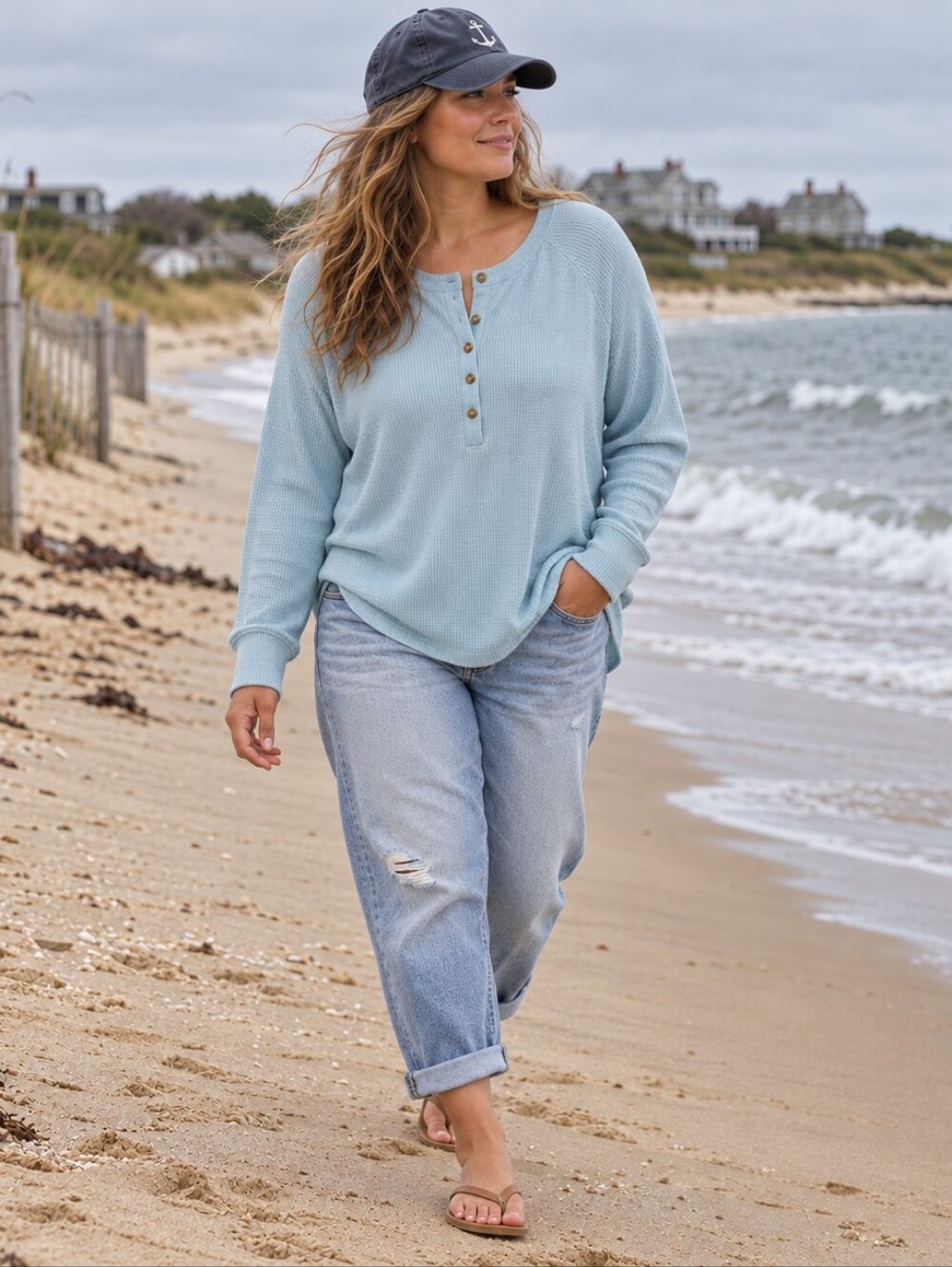 American Eagle AE Plush Long Sleeve Waffle Knit Henley T-shirt Coastal Women's L